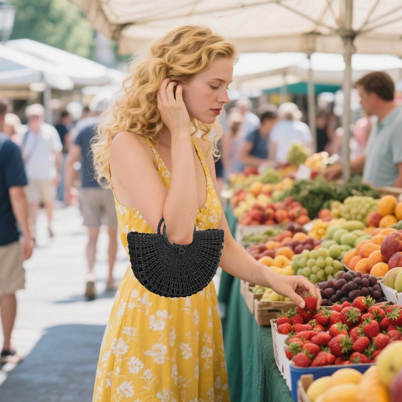 Gets Handwoven Rattan Top-handle Bag for Women Bohemian Round Straw Tote Bag Beach Large Carrying Handbag (Black) - Image 2